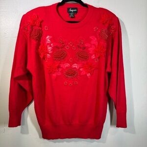 vintage red beaded Christmas sweater XL Hong Kong angora lambswool poinsettia
